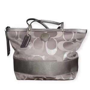 COACH VINTAGE SIGNATURE SILVER METALLIC GRAY TOTE EUC